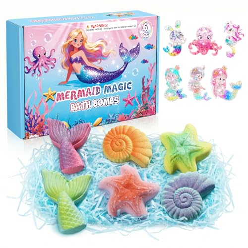 Mermaid Bath Bombs for Kids with Toys Inside Boo Basket Stuffers for Toddlers 6 Pcs Bubble Bath Bombs Kit for Girls Birthday Christmas Stocking Stuffers Gifts for 4 5 6 7 8 Year Old Girl