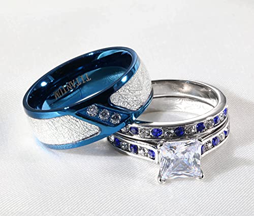 ringheart 2 His and Hers Ring Couple Rings White Gold Plated Princess Cut Cz Womens Wedding Ring Sets Red Titanium Steel Mens Wedding Bands4