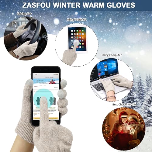 ZASFOU Damen Winter Mütze Schal Touchscreen Handschuhe Set Thermo Beanie Wintermütze Strickmütze Schlauchschal Winterhandschuhe Geschenk für Frauen
