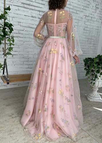 Women's Puffy Sleeve Tulle Prom Dresses Flower Embroidery Long Formal Evening Party Gowns with Pockets3