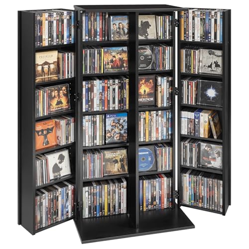 VEVOR Bibliothèque Étagère, Meuble de Rangement Multimédia à 6 Niveaux, Armoire Biblio avec Portes et Étagères Réglables pour CD, DVD, Livres, Jeux, 610x368x1270...