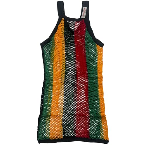 Pendeen Original English Mesh String Vest, Cotton Fishnet Tank Top, Black Red Green Gold Rasta Stripes, XL2