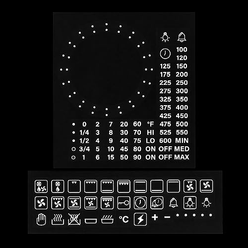 HALLMERS 36x Symbols + 45mm 52mm Dotted Dial Separate Custom Timer Fahrenheit Oven Temperature Control Panel Labels (White Print Clear Adhesive) Replacement Sticker Temp Knob Electric Gas Grill