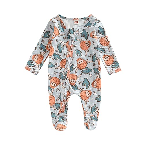 Image of LXXIASHI Newborn Infant Baby Boy Girl Zip Up Onesie Romper Cow Print Long Sleeve Bodysuit Jumpsuit Western Baby Clothes