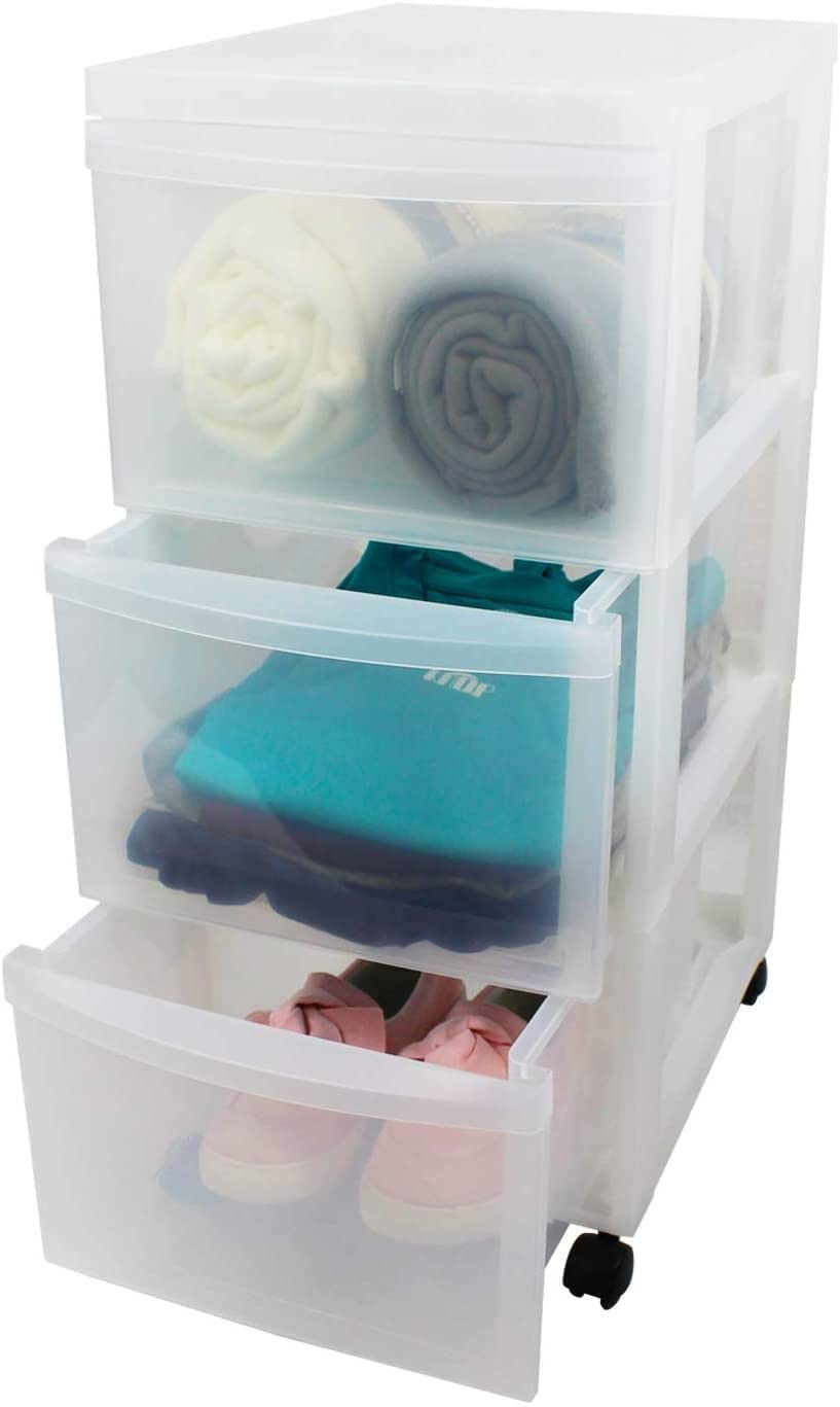 Iris Ohyama Cassettiera in Plastica con ruote, 3 Cassetti Grandi, Biancastro, Maniglie facili da tirare, Organizzatore, Per Camera Da Letto, Bagno, Scuola e Ufficio, Senza BPA, Contenitore, DC-303