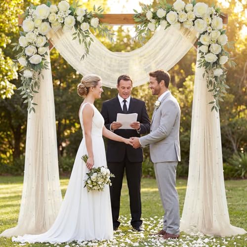 Image of Wedding Arch Draping Fabric with Pearl 28.7 inch x 20 ft Ivory White Sheer Gauze Fabric Backdrop Drapery for Wedding Arbor Ceremony Bridal Shower Birthday Party Reception Decor (Ivory White)