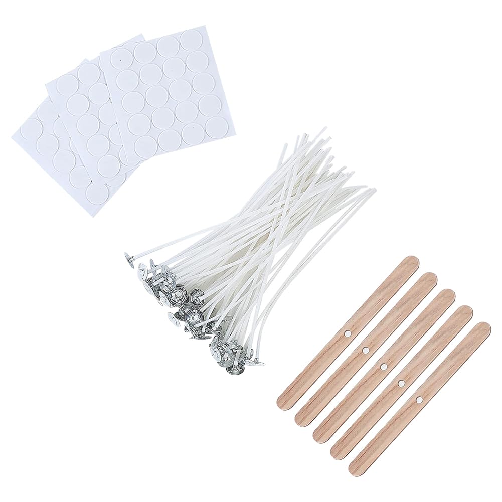 100 Cotton Wicks - Soy & Beeswax, Thick Braided - Includes 5 Wooden Wick Holders, 60 Wick Stickers - 10cm