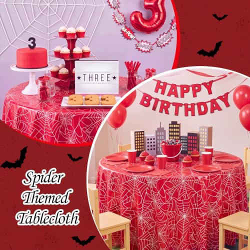 Image of Hahafelt 3 Pcs Spider Web Plastic Tablecloth 84 Inch Round Red and Blue Disposable Table Cover Spider Theme Circular Table Cloth for Birthday Party Indoor Outdoor Decorations