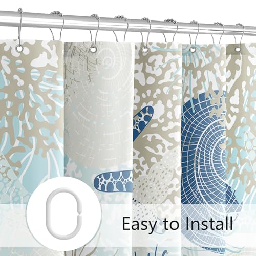 MAYZUS Beach Ocean Themed Shower Curtain 60x72, Cute Nautical Coastal Shower Curtain for Bathroom Decor, Summer Tropical Seashell Starfish Coral Fabric Shower Curtain Set with Hooks, Teal Blue - Image 5