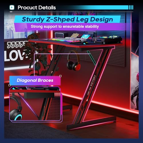 Image of BestOffice Gaming Desk 35 in PC Computer Desk Z Shaped Gaming Workstation Ergonomic Gaming Table with Headphone Hook for Home Office,Black&Red | PC Computer Workstation, Ergonomic Gaming Table, Headphone Hook, For Home Office
