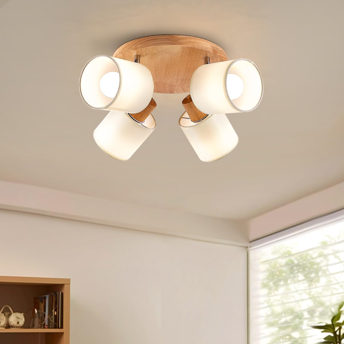 YNFLux LED Deckenlampe 4 Flammig Deckenstrahler Rund Holz Deckenleuchte Strahler E14 Schwenkbar 350°, Strahler Deckenspot Modern Spot Lampe für Wohnzimmer Schlafzimmer Küche Flur mit Leuchtmittel