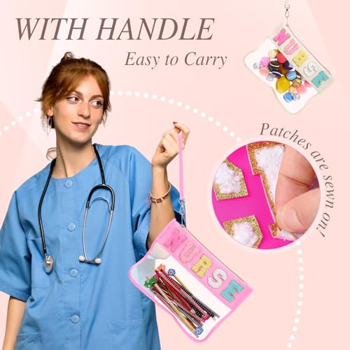 Kacctyen 6 Pcs Nurse Bags Chenille Letter Clear Makeup Bag with Zipper Waterproof Cosmetic Toiletry Pouch with Handle Gym Travel Summer Gifts for Girls Women Nurse (Multicolor, Nurse)3