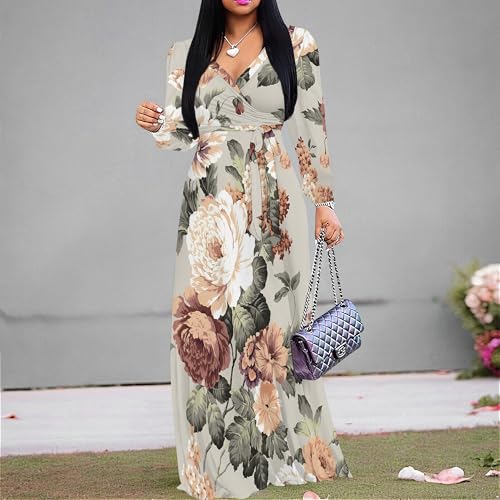 Image of Women Plus Size Long Sleeve V Neck Maxi Dress with Belt | Soft fabric relaxed fit three quarter sleeve v neck with pockets for party and daily wear