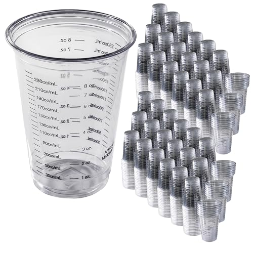 Disposable Measuring Cups 10 oz [] Clear Plastic Graduated for Measuring Intake and Output -Cooking and Baking - Mixing Drinks, Resin, Stain and Paint - Calibrated in ML, CC & OZ - Best Measuring Cups
