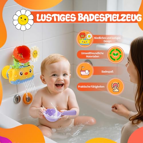 Kaisibum Badewannenspielzeug ab 18 Monate, Blumen Wasserspielzeug Kinder mit Löffel, Badewannen Spielzeug für Jungen Mädchen