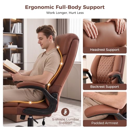 Image of Ergonomic Office Chair with Lumbar Support, Executive Leather Computer Desk Chair with Flip Up Arms & Rocking Function, High Back Big and Tall Comfortable Gaming Chair for Home Office