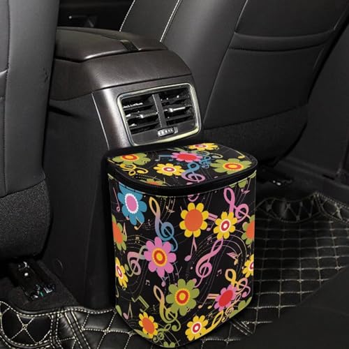 Image of Hippie Flower Music Note Car Trash Can with Lid,Leak Proof Garbage Can Hippie Flower Car Interior Accessory Zipper Protable Vehicle Rubbish Bag for Back Seat