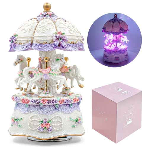 AttoShow Carousel Music Box?Luxury Color Change LED Light Music Box,Luminous Rotating 3-Horse Musical Box with Gift Box for Girls Birthday Valentine Gift (You are My Sunshine, Purple)