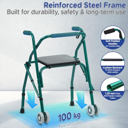 Image of Kosmocare Premium Imported Folding Comfort Walker With Seat Incl. 2 Pairs Of Dual Front Wheels