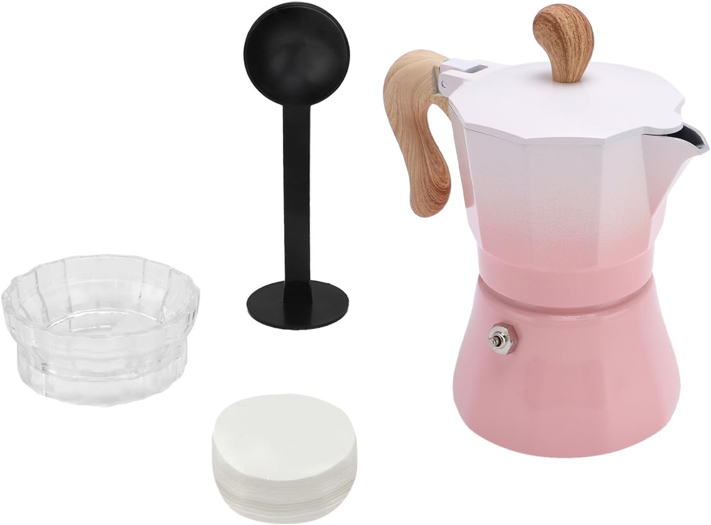 Italian Coffee Maker, 150ml Aluminum Alloy Coffee Pot with Distributor Spoon and 100 Filter Papers, for Mocha Latte Cappuccino Iced Americano (Gradient Pink)