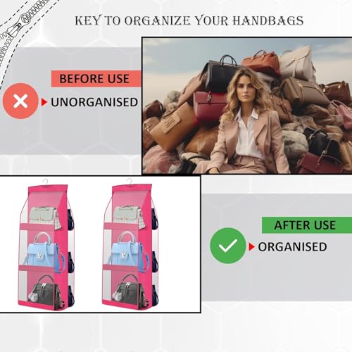 Image of Hanging Handbag Purse Organizer, Upgrade Dust Proof Purse Organizer Closet, Wardrobe Closet Organizer, Washable Handbag Organizer for Women Handbags Purse (6 Pocket 1 Pcs Pink)