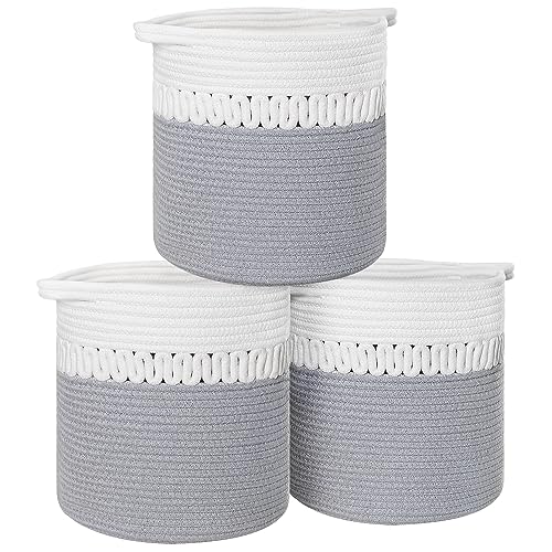 Image of DominiBurl Storage Baskets 11.8x11x11” Bins Woven Storage Cubes Cotton Organizer Baskets Blanket Set of 3 Closet Shelf Round Toy Storage Grey