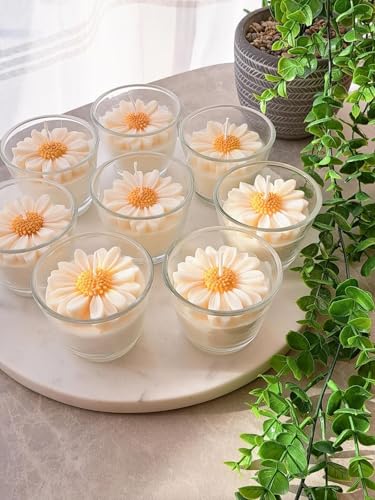 Image of Set of 8 Handcrafted Daisy Flower Soy Wax jar Candles, Decorative Glass Jar Candles with Floating Floral Design, Set of 8, White and Yellow