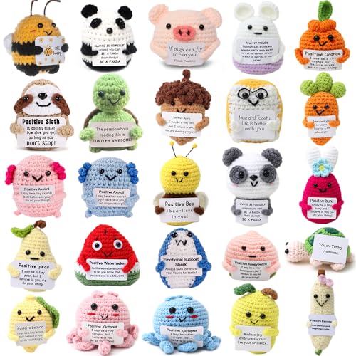25PCS Positive Crochet Animals Employee Teacher Appreciation Gifts Bulk Emotional Support Crochet Animals with Positive Messages Graduation Nurses Week Fathers Day Birthday Gifts for Women Men Her Him