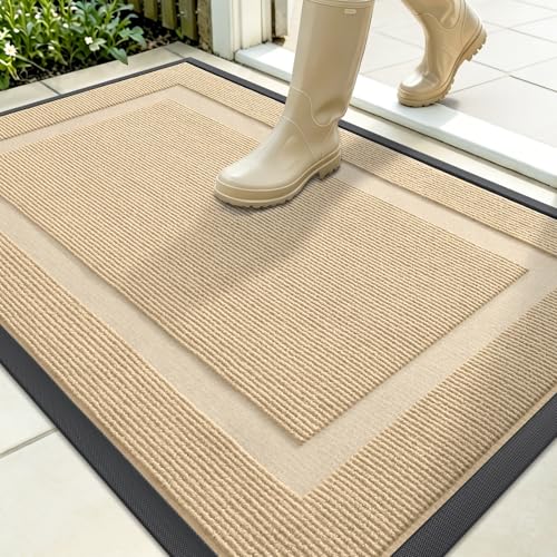 Image of OLANLY Front Door Mat Indoor Outdoor Entrance, Waterproof All-Season, All-Weather Doormat, Sturdy Natural Rubber, Fade Resistant, Low Profile, Easy Clean Patio Porch Entryway Mat, 35x23, Beige