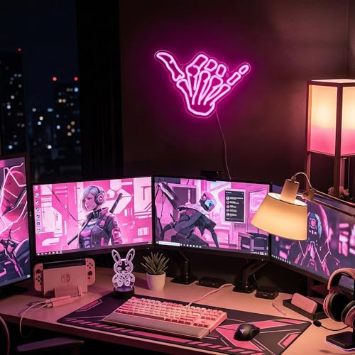 Image of Skeleton Hand Neon Sign,Shaka Skull Hand Neon Signs for Wall Decor Bedroom Home Decor Bar USB Powered LED Neon Light Art Neon Wall Sign Decoration Light