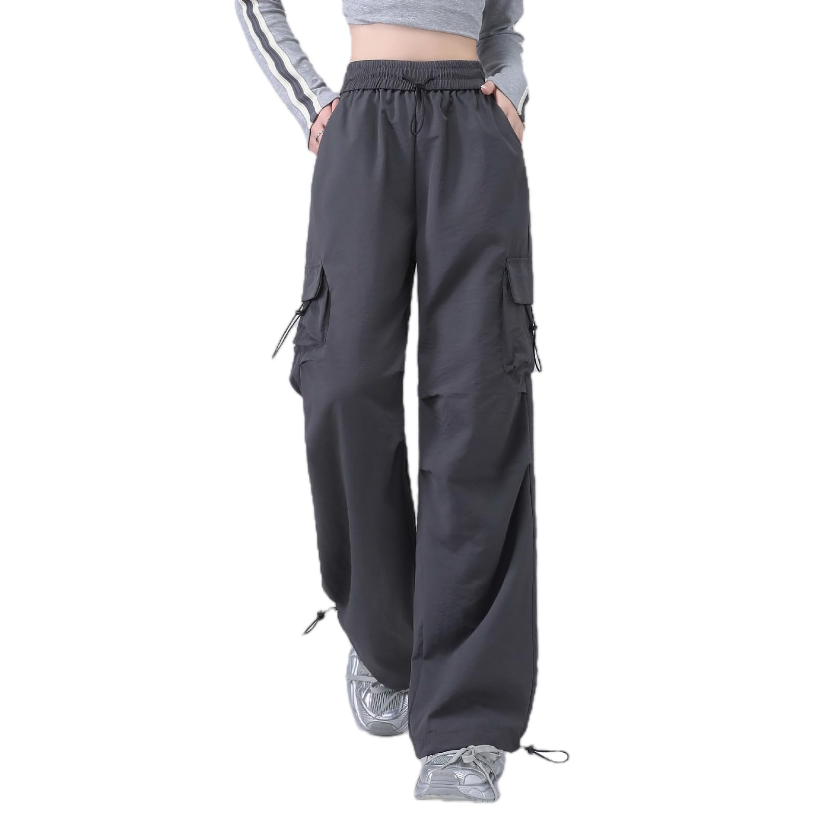 Womens High-Waisted Solid Color Cargo Pants Loose Flowy Straight-Leg Fit Trousers