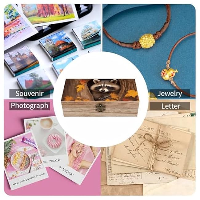 Wooden Box Raccoon in The Fall Tree Hole Printed Ornament Storage Box for Crafts Souvenir