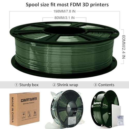 Image of GIANTARM 3D Printer Filament, Shiny Silk Green PLA Filament, 1Kg(2.2lbs) Spool, 1.75mm Dimension Accuracy + /- 0.03mm, 3D Printing Filament,Fit Most FDM Printer