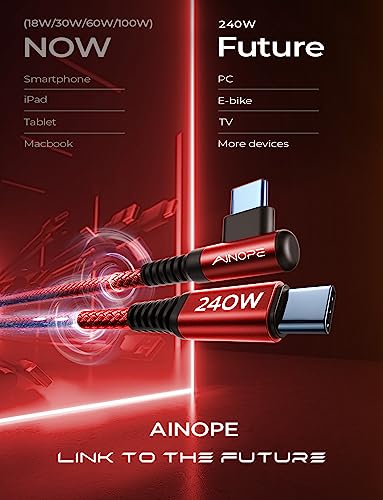 Image of AINOPE 240W High Speed USB C Cable [3.3ft] USBC to USBC Cable, Right Angle C to C Cable Fast Charging Compatible with iPhone 16 Charger Cord, iPad Pro,MacBook Air 2024 M4,Samsung Galaxy S24, Red
