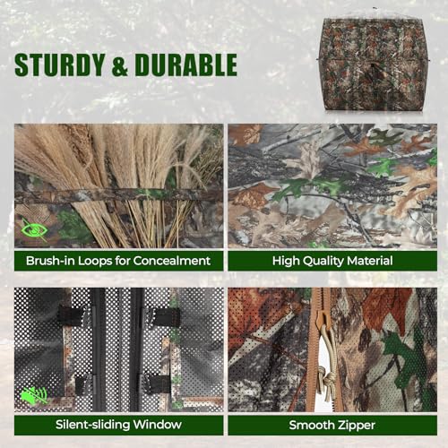 HUNTSEN Hunting Blind 360 Degree See Through Ground Blind 2-3 Person - Portable Pop Up Deer Blind with Full Open Door - Camouflage Ground Blind for Deer & Turkey Hunting