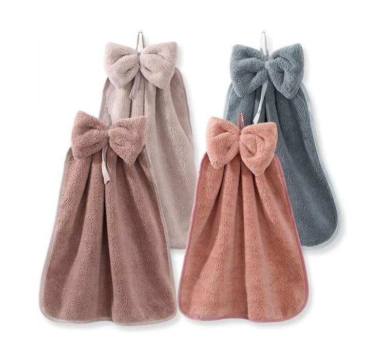Hanging Hand Towels with Cute Bow | 33x33 cm Coral Velvet Soft & Absorbent Hand Towel for Kitchen Bathroom | Quick Dry Microfiber Hanging Loop Towels for Home (Multicolor, Set of 2)-image-37