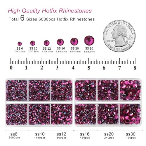 Image of BEADSLAND Hotfix Rhinestones, 6080PCS Hot Pink Rhinestones for Clothes Crafts Mixed 6 Sizes with Wax Pencil and Tweezers Kit, SS6-SS30, Fuchsia
