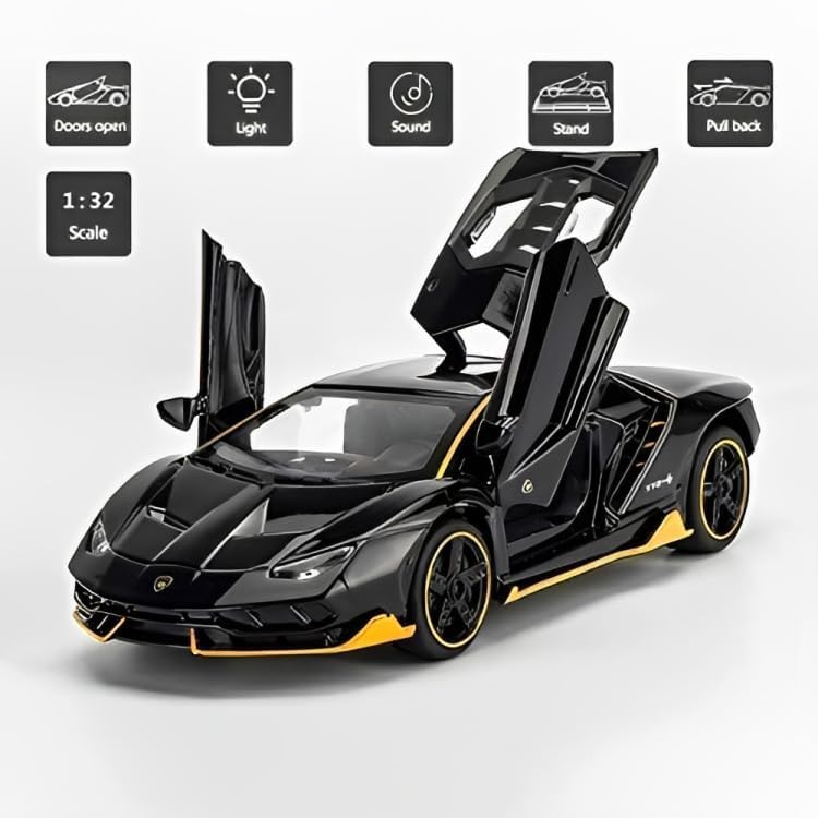 Image of WORSHIPER Model Car Zinc Alloy Pull Back Toy Diecast Toy Cars with Openable Doors, Sound and Light for Kids Boy Girl Gift (1:32 Lamborgini-Black Color)
