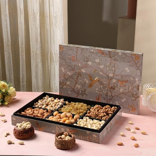 Image of Riwaz Elite Flying Bird & Floral Design Dry Fruit Gift Box | 6 Compartment Assorted Nuts (Almonds, Cashews, Pistachios, Walnuts, Apricots & Raisins) | Luxury Healthy Gifting Hamper for Diwali, Wedding & Corporate Celebrations (600g)