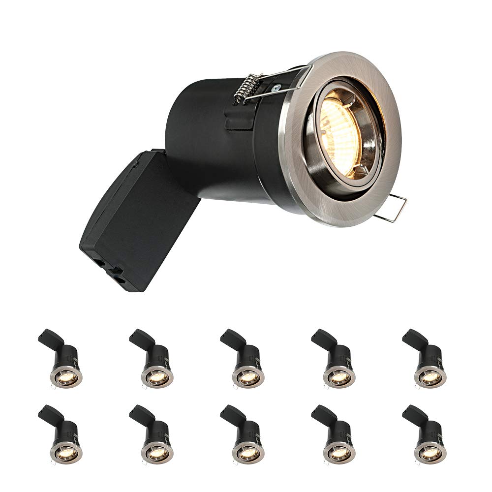National Lighting Fire Rated Downlights, Brushed Chrome Adjustable Ceiling Lights, GU10 Halogen or LED, Dimmable Recessed Spotlights IP20 Rated - Pack of 10
