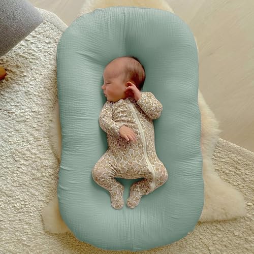 Image of guruixu Muslin Baby Lounger Cover 2 Pack, 100% Cotton Infant Lounger Cover, Soft & Breathable Replacement Slipcover, Compatible with Snuggle Me Newborn Lounger (Roman Green,Cream)