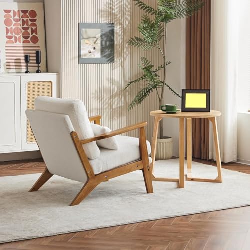 Image of Mid-Century Accent Relax Chair - Wide Armrest Lounge Chair with Linen Fabric with Lumbar Pillow (White, 28.3 x 31.5 x 29.5 INCH)