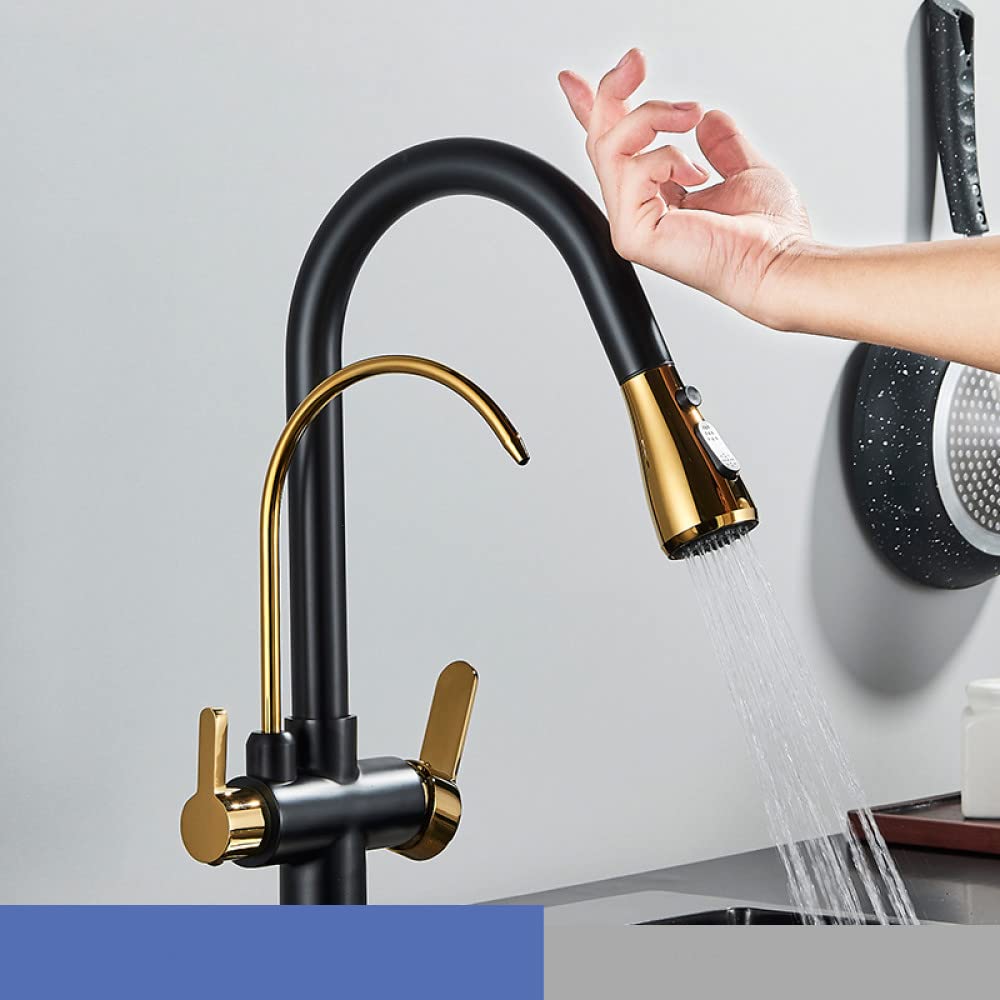 Agua fría y caliente Modo de grúa Grifo mezclador montado en cubierta Filtro de sensor táctil Grifo de cocina con agua pura Grifo mezclador extraíble Girar, negro y dorado, talla única
