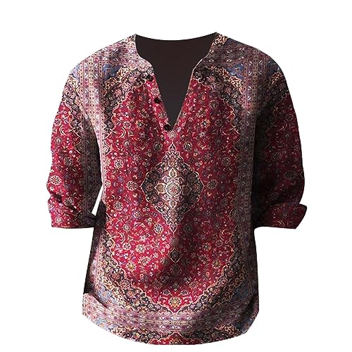 Linen Shirt Men's Short Sleeve Relaxed Fit Henley Shirt Men Retro Ethnic Casual Shirt Summer Beach Patterned Grandad Shirt Men's Stand-Up Collar Long Sleeve Shirt with Floral Print, red, XXXXX-Large