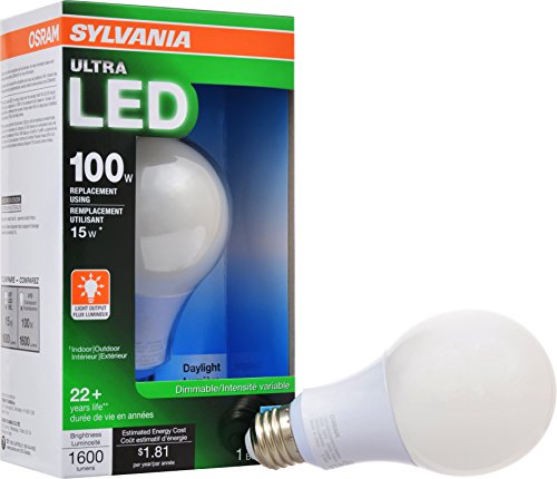 Sylvania Ultra 100W LED Light Bulb Dimmable - Daylight 5000K, 25,000 Hour Life, E26 A19 Medium Base - Energy Star 15W