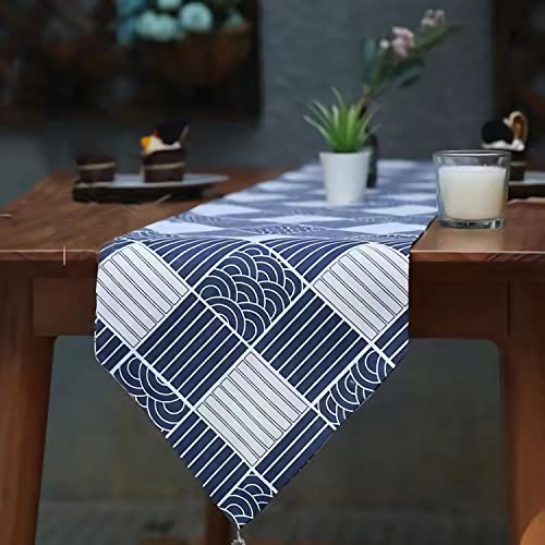Linen Table Runners 72 Inches Long Navy Blue, Asian Decor, Coffee Table Runner, Japanese Plaid Style Table Decor For Kitchen, Party, Dining Room Decorations, Figurine #TOP2