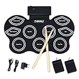 【Juego de batería】 Con un total de 9 pads para platillos high-tom, low-tom, snare drum, bass drum, foot drum, high hat, ride y crash. Además, hay dos pedales.Volumen ajustable o reproducir completamente a través de auriculares, tempo ajustable y 7 grupos de sonidos de batería.