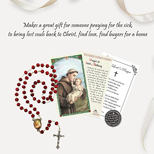St Anthony Rosary - with Laminated Prayer Card, Saint Anthony of Padua Pocket Token, The Lord's Prayer Card and Rosary Case - Catholic Patron Saint of Lost Things - Total 5 Items in Set2