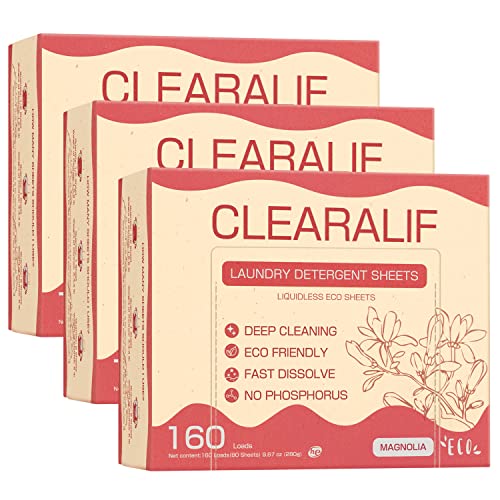 CLEARALIF Láminas de detergente para ropa de hasta 160 cargas, magnolia, ideal para viajes, apartamentos, dormitorios, tiras de detergente para ropa ecológicas e hipoalergénicas, paquete de 3