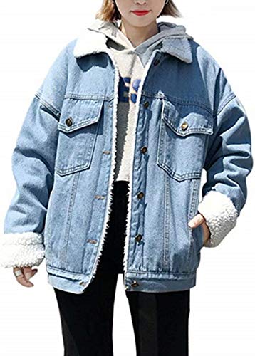 Ankecity Women's Oversized Thick Warm Sherpa Fur Lined Denim Trucker Jacket Boyfriend Jean Coat